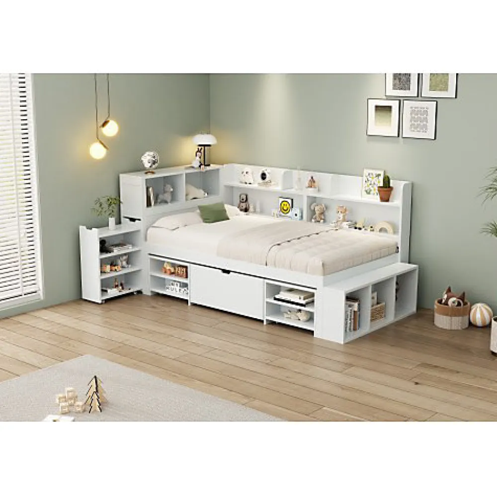 ModernLuxe Lit simple 90x200cm en MDF - Avec tiroirs et étagères - Bibliothèque amovible - Avec sommier à lattes - Blanc(sans matelas)* Lit Avec Rangement