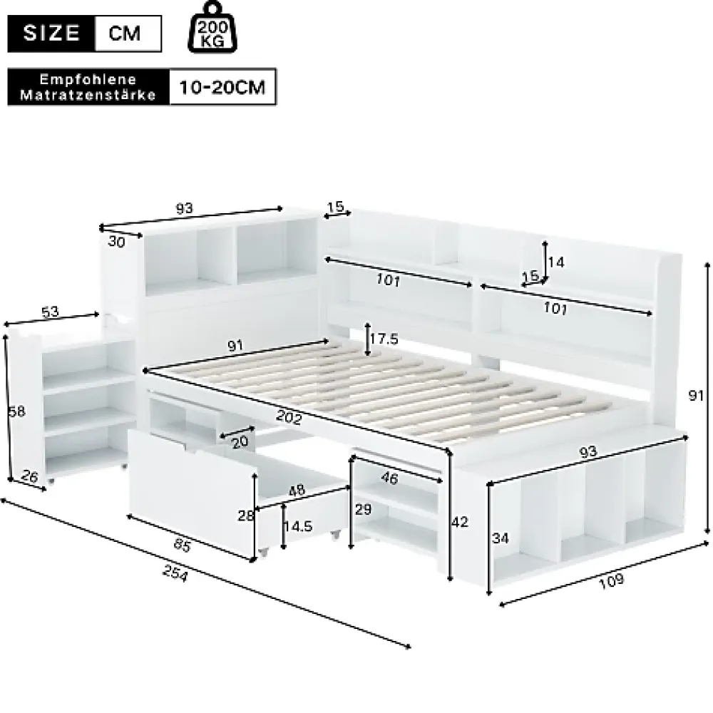 ModernLuxe Lit simple 90x200cm en MDF - Avec tiroirs et étagères - Bibliothèque amovible - Avec sommier à lattes - Blanc(sans matelas)* Lit Avec Rangement