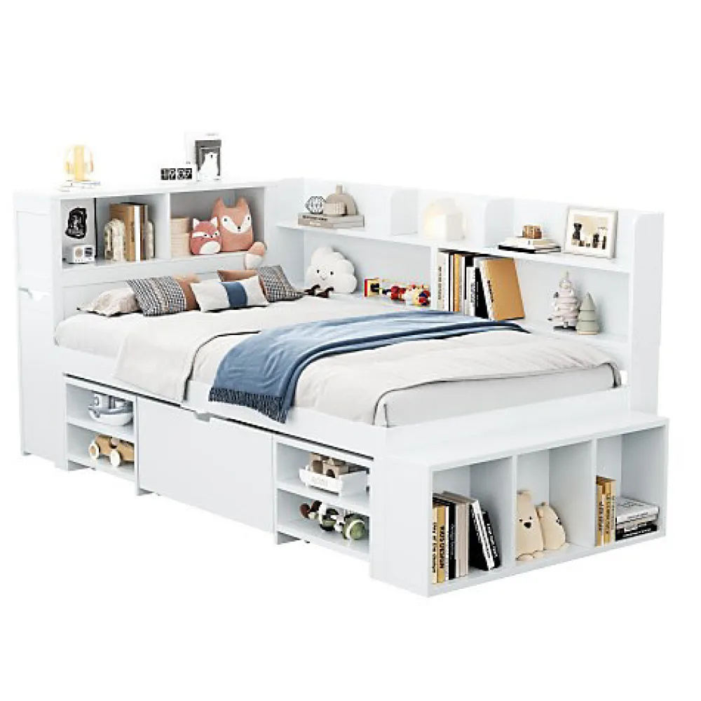 ModernLuxe Lit simple 90x200cm en MDF - Avec tiroirs et étagères - Bibliothèque amovible - Avec sommier à lattes - Blanc(sans matelas)* Lit Avec Rangement