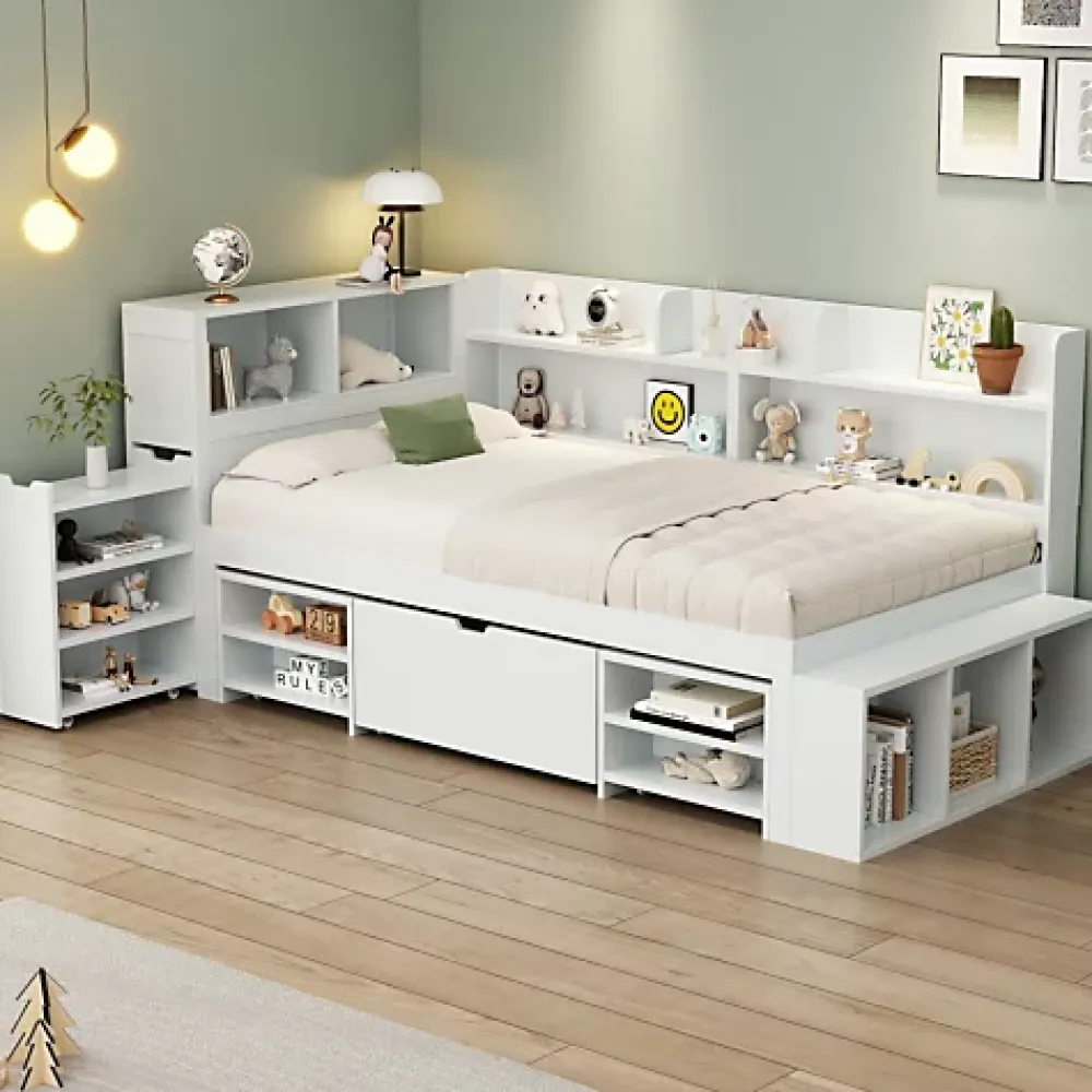 ModernLuxe Lit simple 90x200cm en MDF - Avec tiroirs et étagères - Bibliothèque amovible - Avec sommier à lattes - Blanc(sans matelas)* Lit Avec Rangement