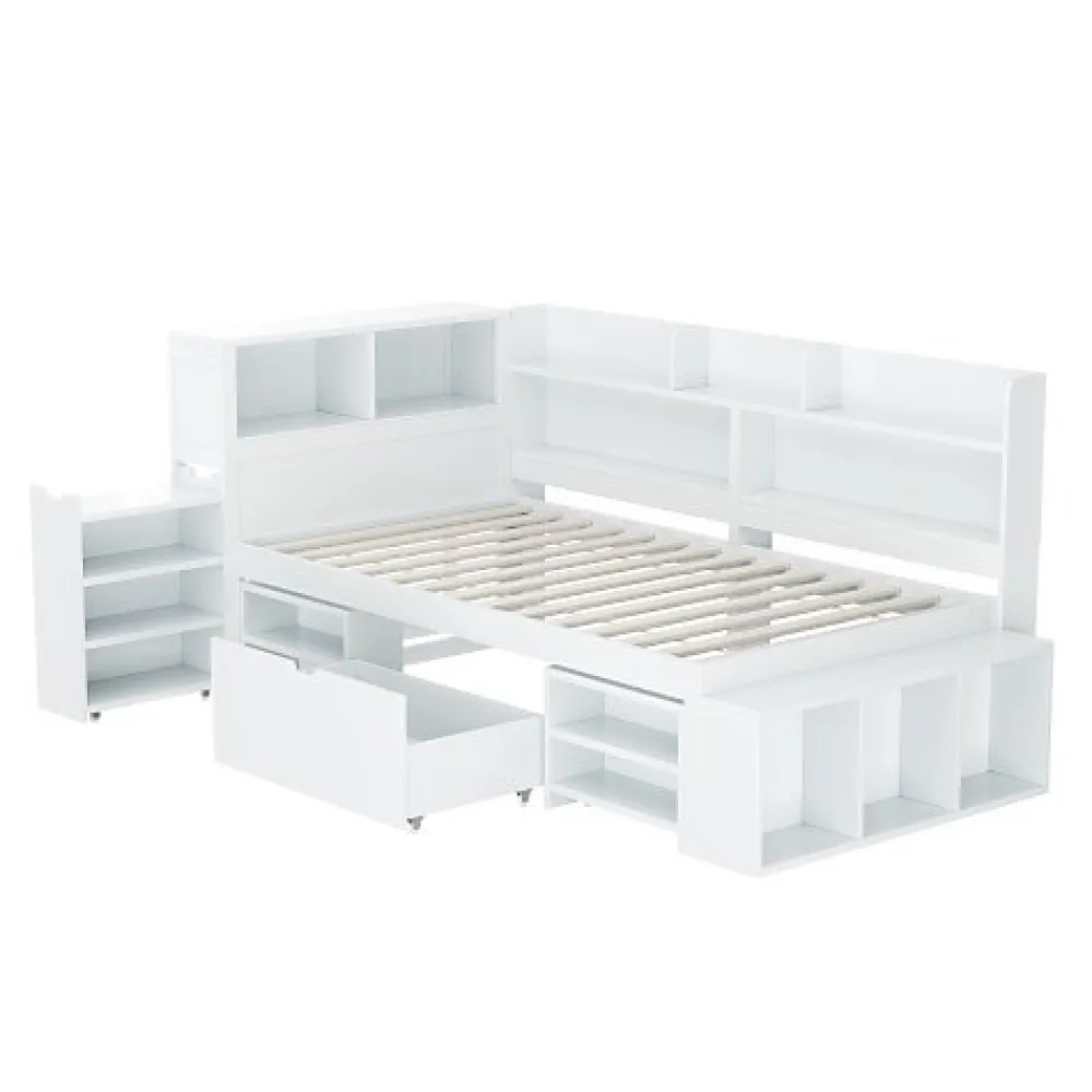 ModernLuxe Lit simple 90x200cm en MDF - Avec tiroirs et étagères - Bibliothèque amovible - Avec sommier à lattes - Blanc(sans matelas)* Lit Avec Rangement