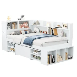 ModernLuxe Lit simple 90x190cm en MDF - Avec tiroirs et étagères - Bibliothèque amovible - Avec sommier à lattes - Blanc(sans matelas)* Lit Avec Rangement