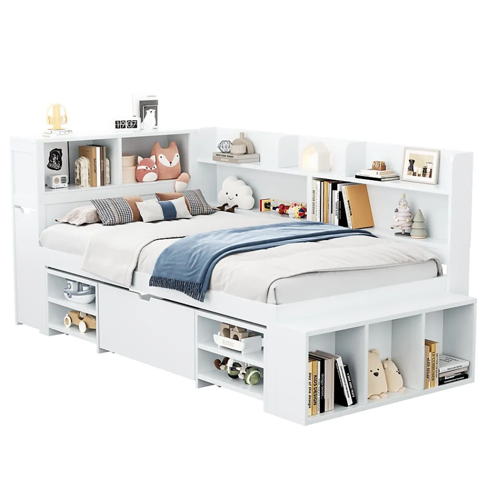 ModernLuxe Lit simple 90x190cm en MDF - Avec tiroirs et étagères - Bibliothèque amovible - Avec sommier à lattes - Blanc(sans matelas)* Lit Avec Rangement