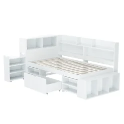 ModernLuxe Lit simple 90x190cm en MDF - Avec tiroirs et étagères - Bibliothèque amovible - Avec sommier à lattes - Blanc(sans matelas)* Lit Avec Rangement