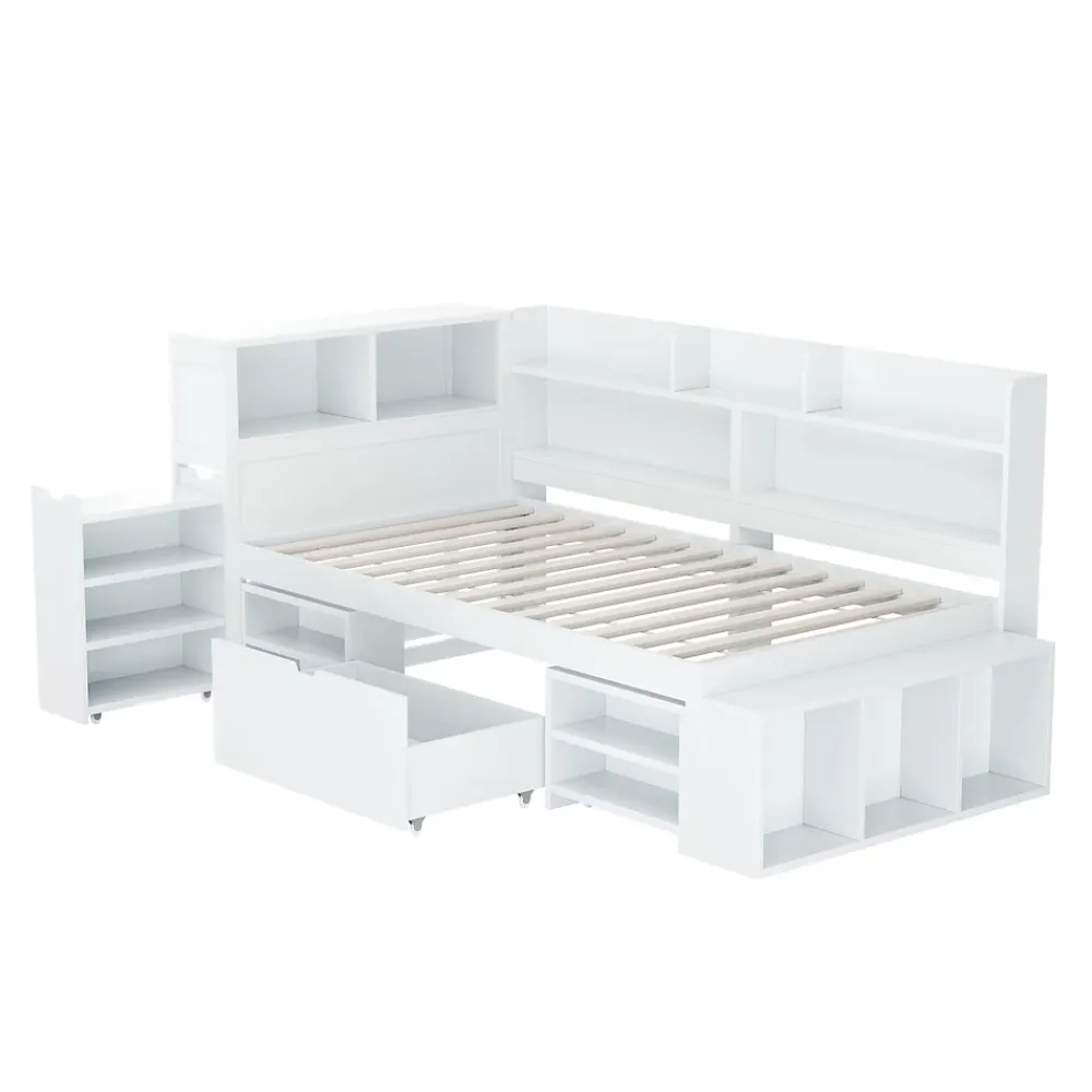 ModernLuxe Lit simple 90x190cm en MDF - Avec tiroirs et étagères - Bibliothèque amovible - Avec sommier à lattes - Blanc(sans matelas)* Lit Avec Rangement