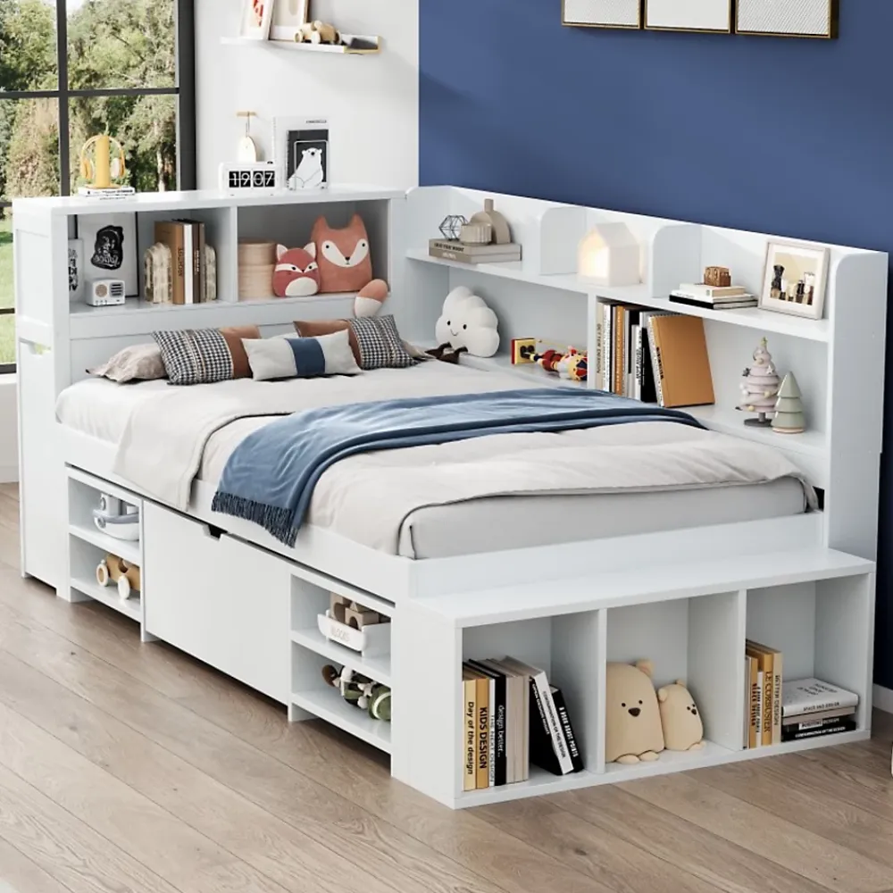 ModernLuxe Lit simple 90x190cm en MDF - Avec tiroirs et étagères - Bibliothèque amovible - Avec sommier à lattes - Blanc(sans matelas)* Lit Avec Rangement