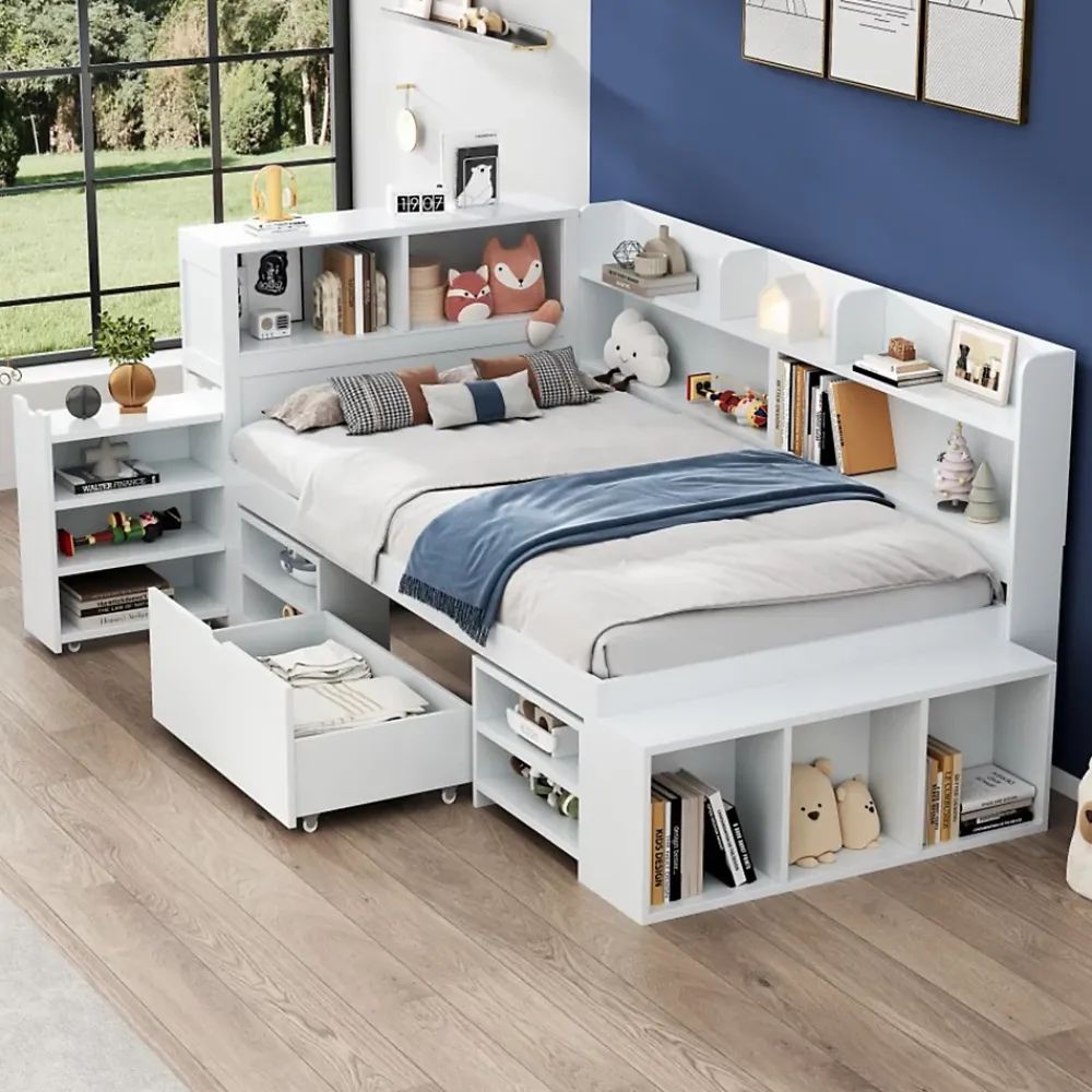 ModernLuxe Lit simple 90x190cm en MDF - Avec tiroirs et étagères - Bibliothèque amovible - Avec sommier à lattes - Blanc(sans matelas)* Lit Avec Rangement
