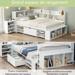 ModernLuxe Lit simple 90x190cm en MDF - Avec tiroirs et étagères - Bibliothèque amovible - Avec sommier à lattes - Blanc(sans matelas)* Lit Avec Rangement