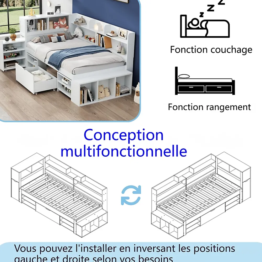 ModernLuxe Lit simple 90x190cm en MDF - Avec tiroirs et étagères - Bibliothèque amovible - Avec sommier à lattes - Blanc(sans matelas)* Lit Avec Rangement