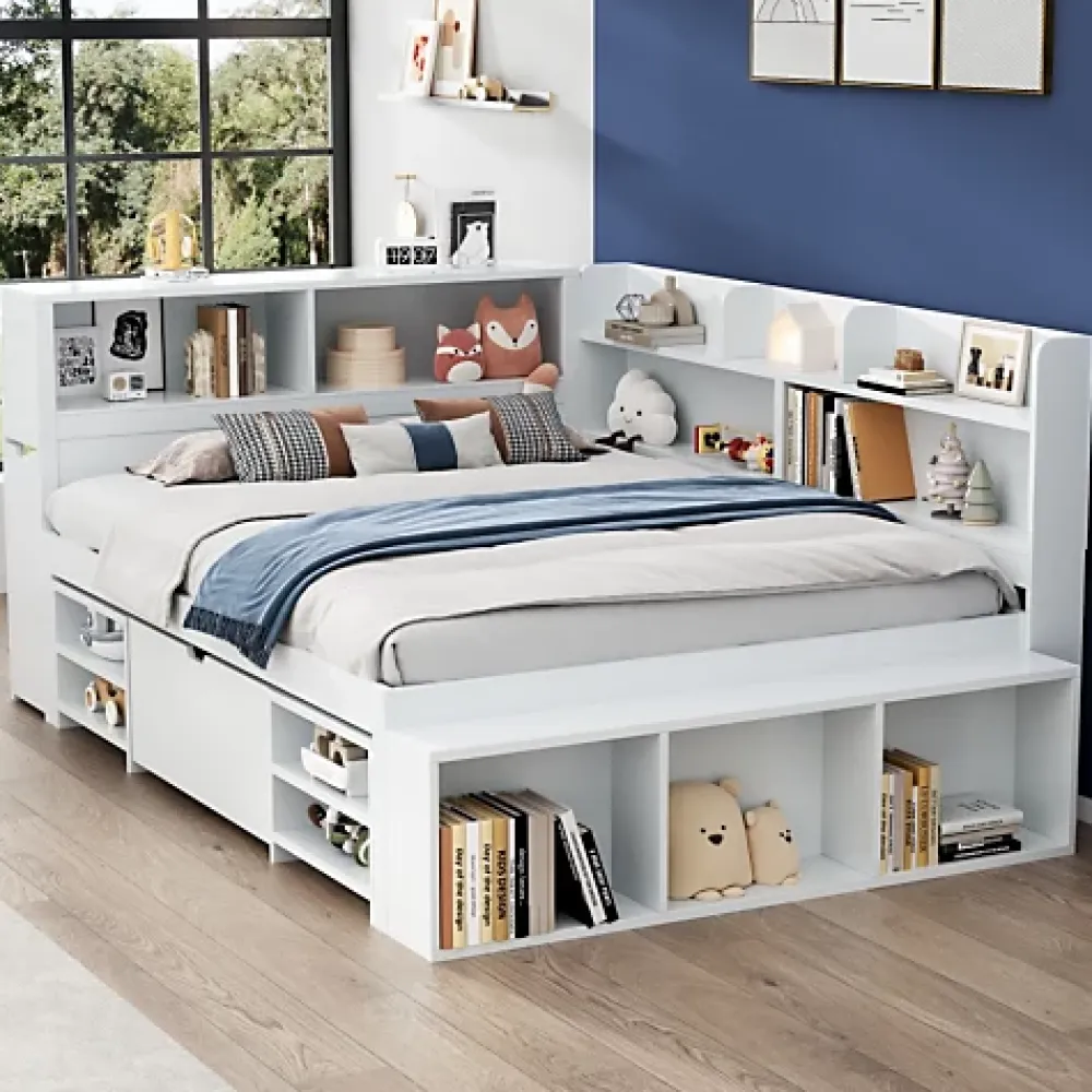 ModernLuxe Lit simple 140x200cm en MDF - Avec tiroirs et étagères - Bibliothèque amovible - Avec sommier à lattes - Blanc(sans matelas)* Lit Avec Rangement