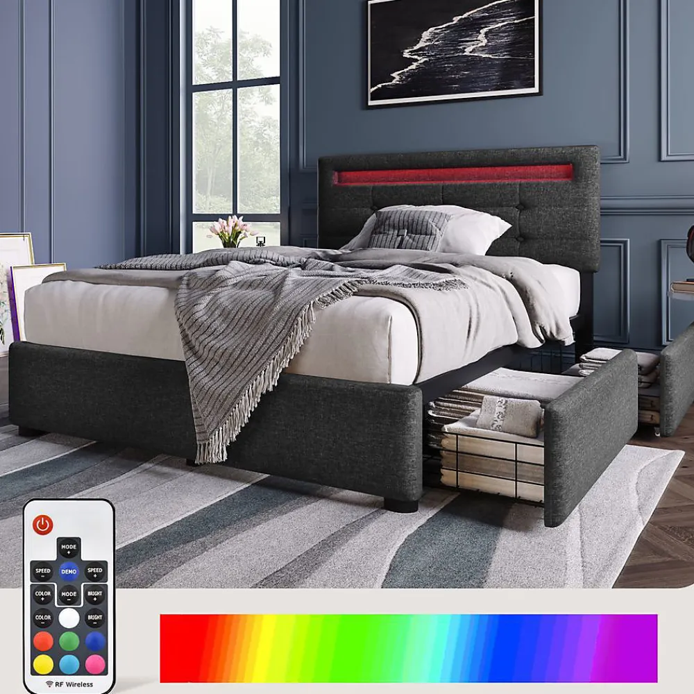 Lit Simple 90x200cm Rembourré Led 2 Tiroirs Tête Réglable Gris>Blackcolors Online