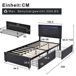 Lit Simple 90x200cm Rembourré Led 2 Tiroirs Tête Réglable Gris><noscript><img width=