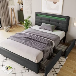 Lit Simple 90x200cm Rembourré Led 2 Tiroirs Tête Réglable Gris><noscript><img width=