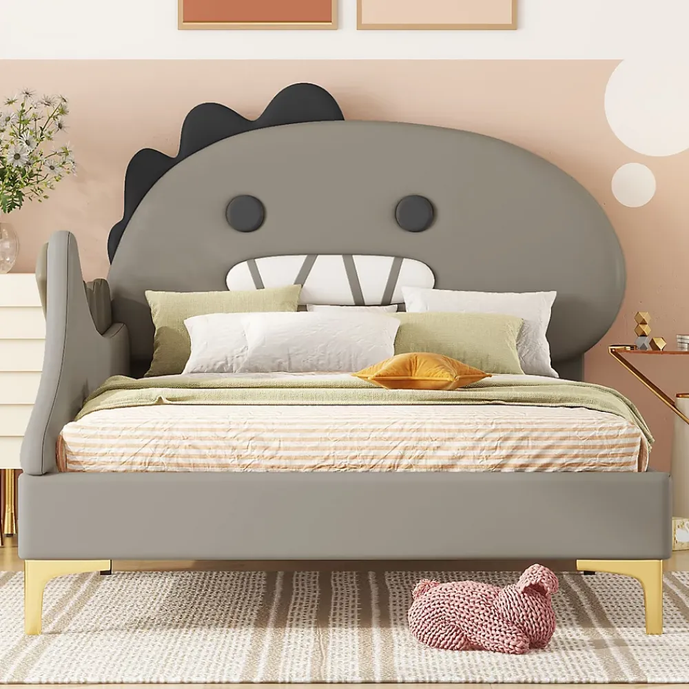 ProximaX Lit simple-Lit pour enfant 90 x 200 cm, forme de dinosaure de dessin animé, lit plat, matériau PU, gris*Enfant Lit Enfant
