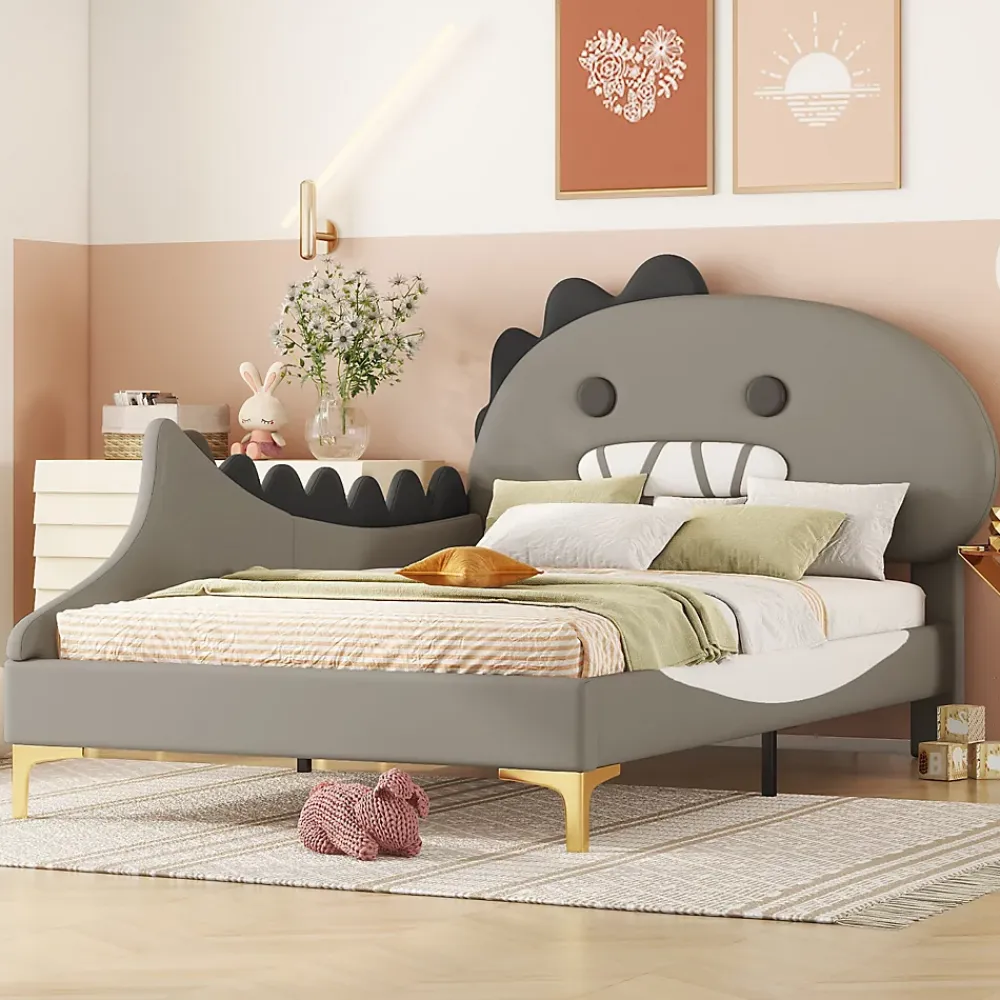 ProximaX Lit simple-Lit pour enfant 90 x 200 cm, forme de dinosaure de dessin animé, lit plat, matériau PU, gris*Enfant Lit Enfant