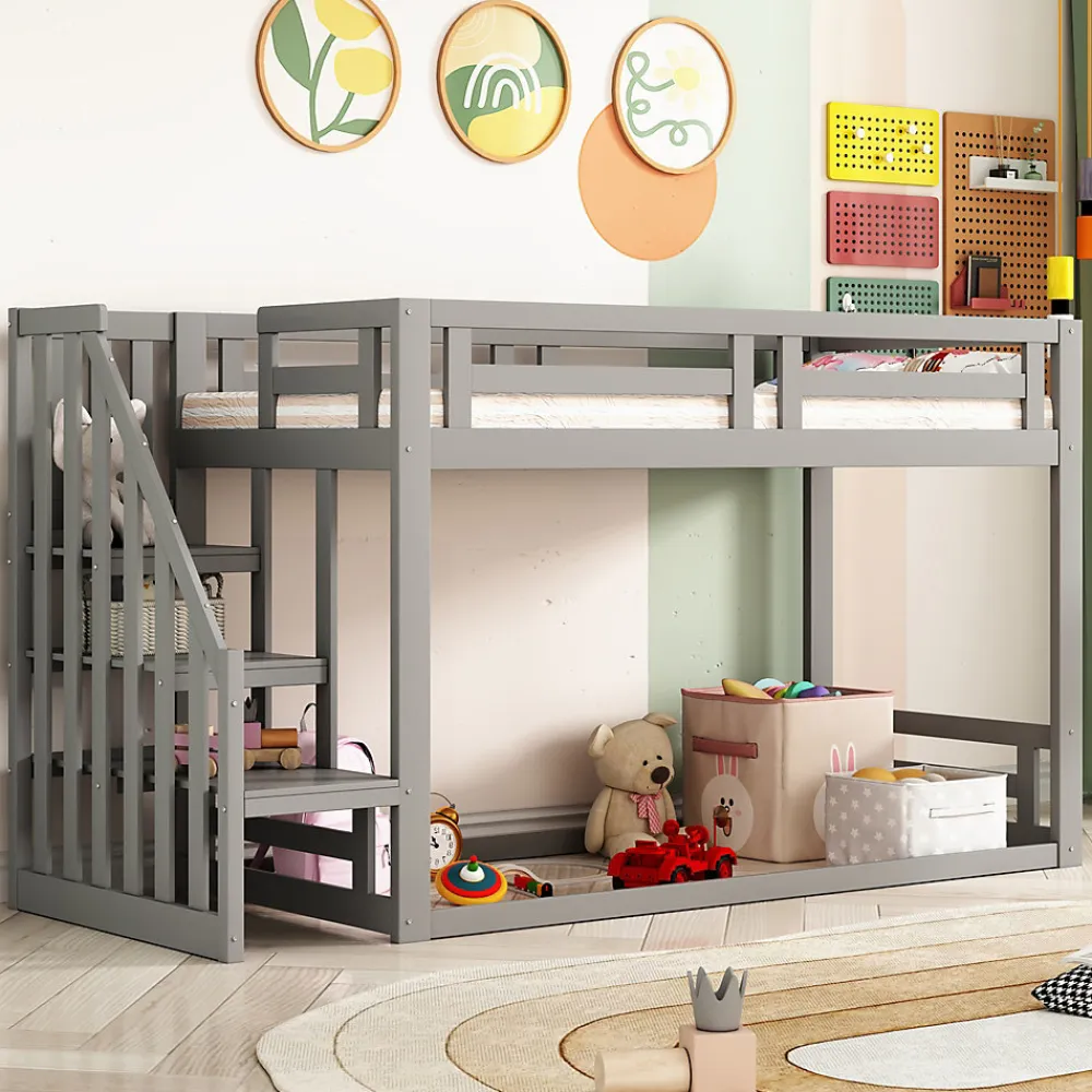 Lit Superposé - Lit enfant 90x200 cm avec Toît, Escalier Sécurisé et Structure Solide, Bois Massif et MDF, Couleur Gris>Okwish Clearance