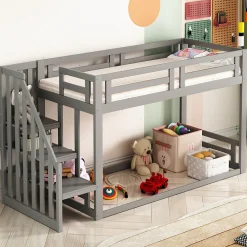 Lit Superposé - Lit enfant 90x200 cm avec Toît, Escalier Sécurisé et Structure Solide, Bois Massif et MDF, Couleur Gris><noscript><img width=