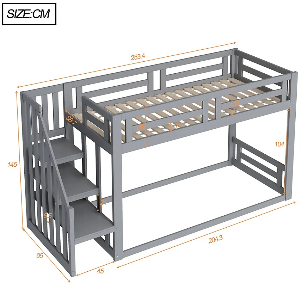 Lit Superposé - Lit enfant 90x200 cm avec Toît, Escalier Sécurisé et Structure Solide, Bois Massif et MDF, Couleur Gris>Okwish Clearance