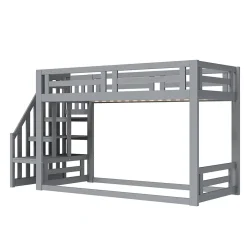 Lit Superposé - Lit enfant 90x200 cm avec Toît, Escalier Sécurisé et Structure Solide, Bois Massif et MDF, Couleur Gris><noscript><img width=