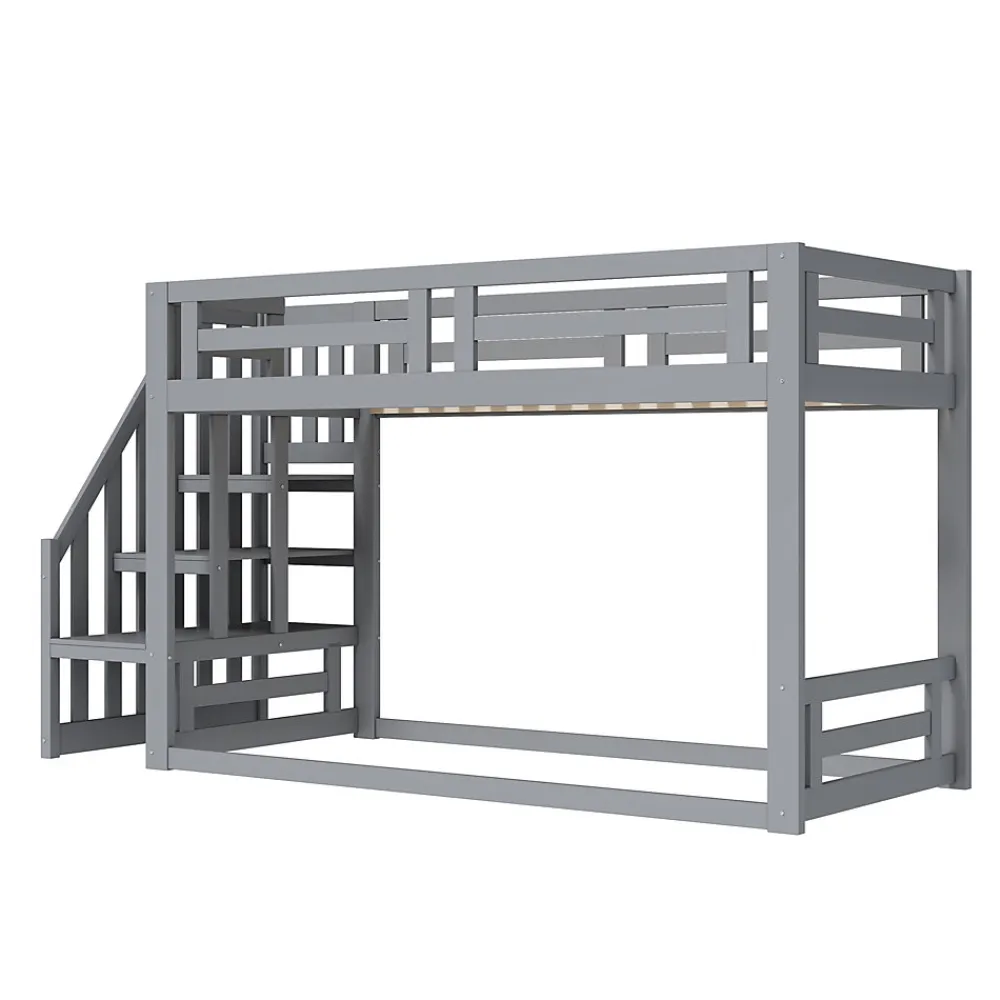 Lit Superposé - Lit enfant 90x200 cm avec Toît, Escalier Sécurisé et Structure Solide, Bois Massif et MDF, Couleur Gris>Okwish Clearance