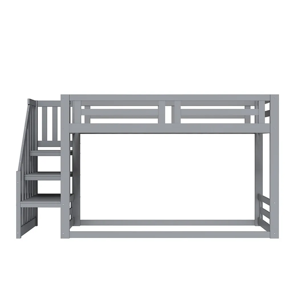 Lit Superposé - Lit enfant 90x200 cm avec Toît, Escalier Sécurisé et Structure Solide, Bois Massif et MDF, Couleur Gris>Okwish Clearance