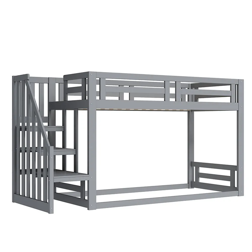 Lit Superposé - Lit enfant 90x200 cm avec Toît, Escalier Sécurisé et Structure Solide, Bois Massif et MDF, Couleur Gris>Okwish Clearance
