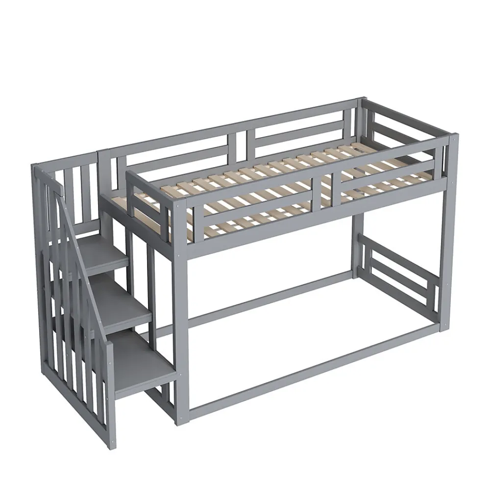 Lit Superposé - Lit enfant 90x200 cm avec Toît, Escalier Sécurisé et Structure Solide, Bois Massif et MDF, Couleur Gris>Okwish Clearance