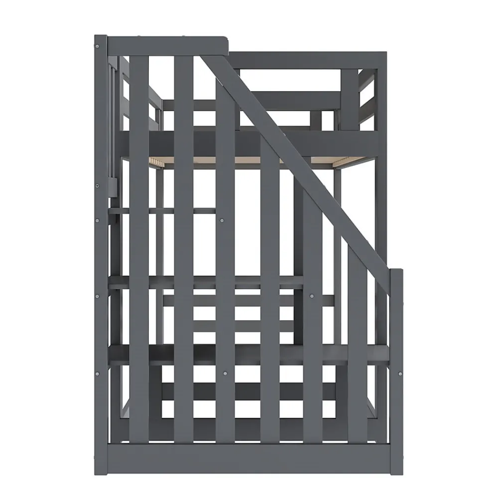 Lit Superposé - Lit enfant 90x200 cm avec Toît, Escalier Sécurisé et Structure Solide, Bois Massif et MDF, Couleur Gris>Okwish Clearance