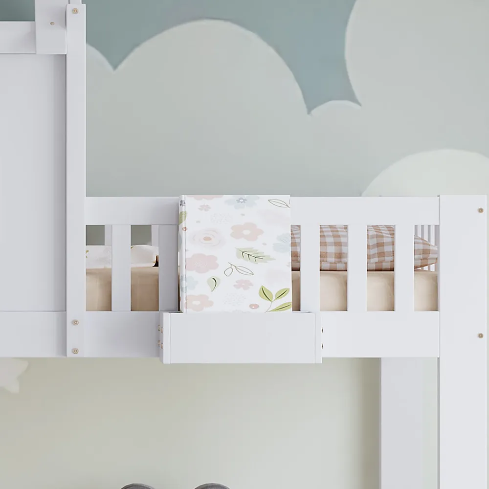 Lit superposé 2 tiroirs roulettes toit fenêtres décoratifs table lecture panier pin MDF contreplaqué blanc 90x200>Redom Hot
