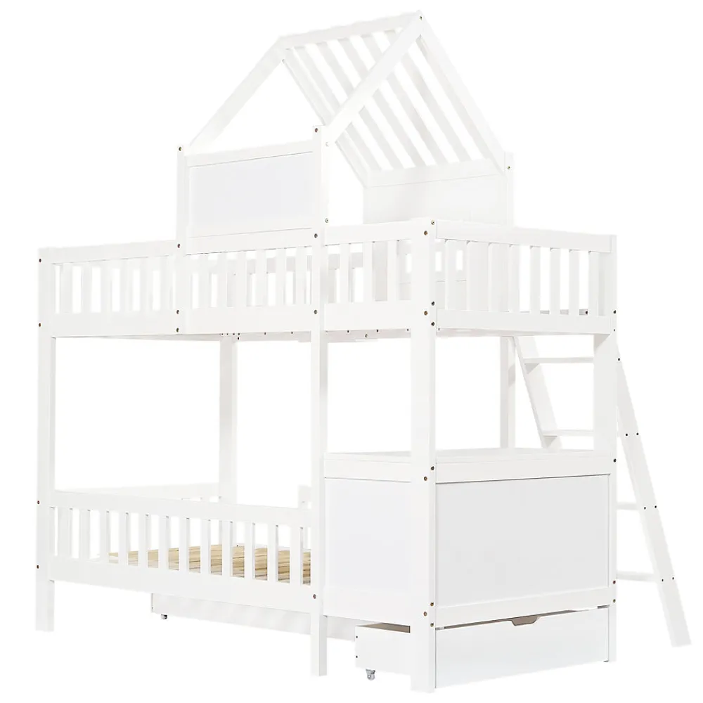 Lit superposé 2 tiroirs roulettes toit fenêtres décoratifs table lecture panier pin MDF contreplaqué blanc 90x200>Redom Hot