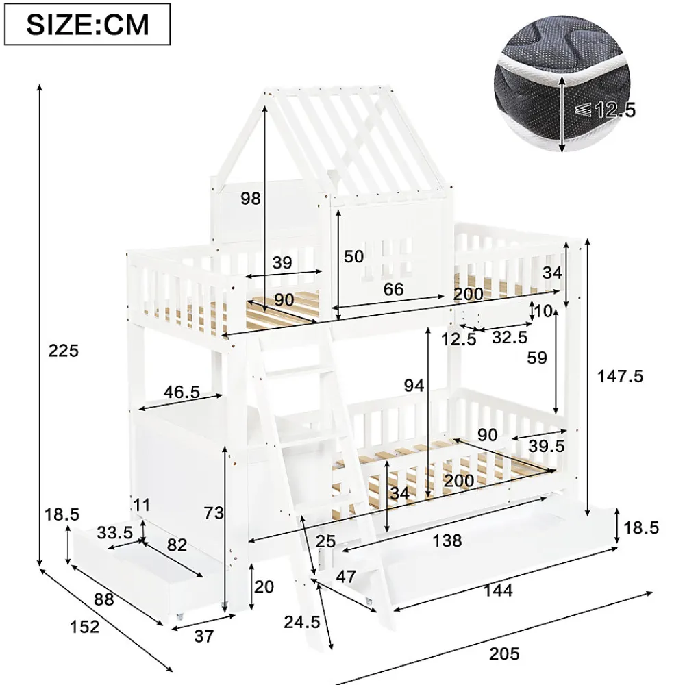 Lit superposé 2 tiroirs roulettes toit fenêtres décoratifs table lecture panier pin MDF contreplaqué blanc 90x200>Redom Hot