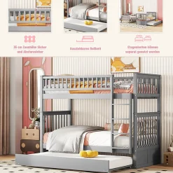 Okwish Lit Superposé 90 x 200 cm - Lit Gigogne avec Escalier - Pin + MDF - Sans Matelas - Gris*Enfant Lit Enfant