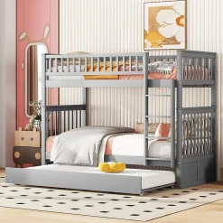 Okwish Lit Superposé 90 x 200 cm - Lit Gigogne avec Escalier - Pin + MDF - Sans Matelas - Gris*Enfant Lit Enfant
