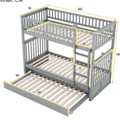 Okwish Lit Superposé 90 x 200 cm - Lit Gigogne avec Escalier - Pin + MDF - Sans Matelas - Gris*Enfant Lit Enfant