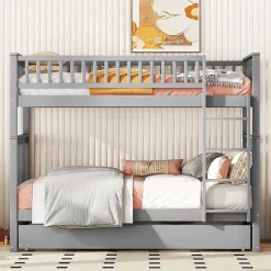 Okwish Lit Superposé 90 x 200 cm - Lit Gigogne avec Escalier - Pin + MDF - Sans Matelas - Gris*Enfant Lit Enfant