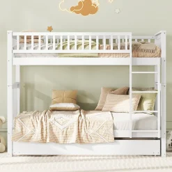 Lit Superposé 90 x 200 cm - Lit Gigogne avec Escalier - Pin + MDF - Sans Matelas - Blanc><noscript><img width=