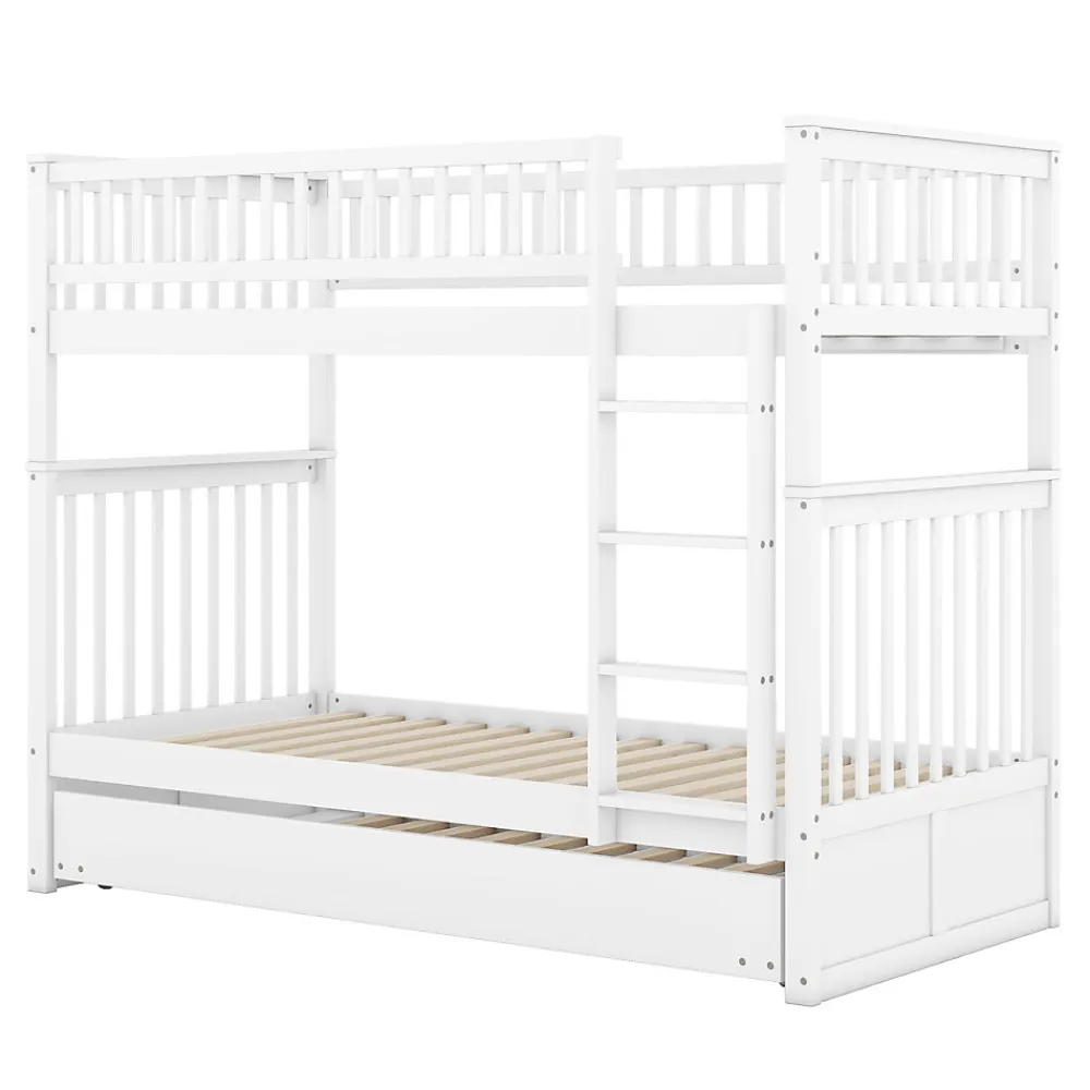 Lit Superposé 90 x 200 cm - Lit Gigogne avec Escalier - Pin + MDF - Sans Matelas - Blanc>Okwish New