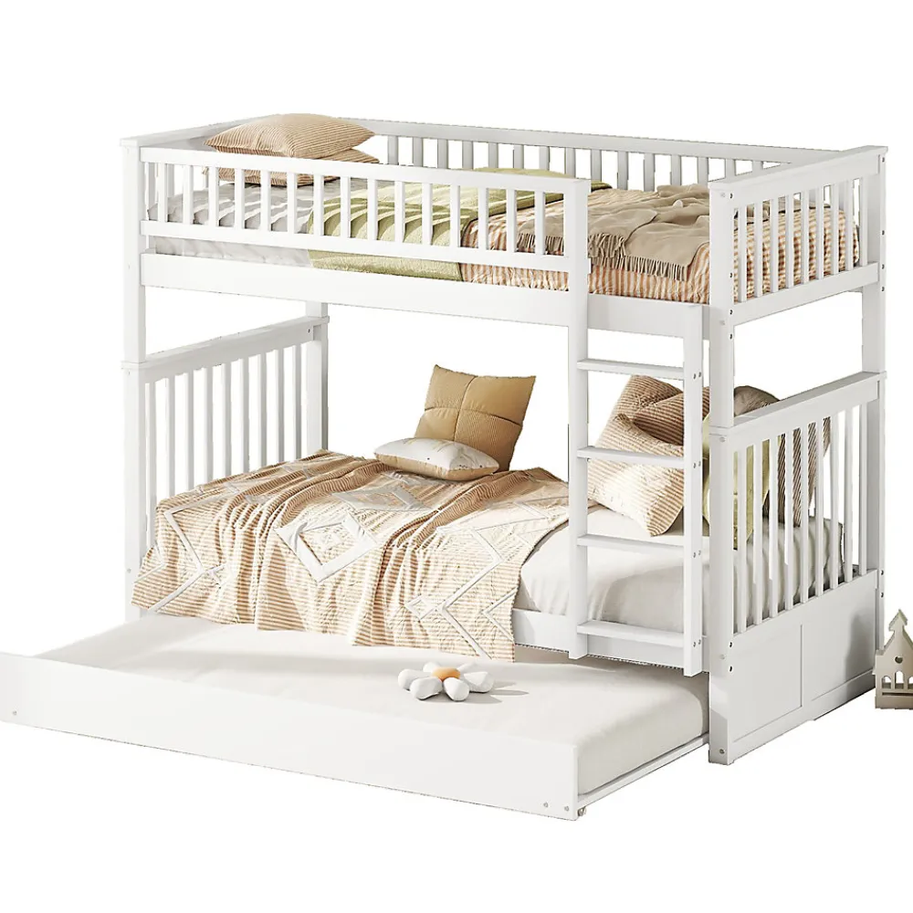 Lit Superposé 90 x 200 cm - Lit Gigogne avec Escalier - Pin + MDF - Sans Matelas - Blanc>Okwish New