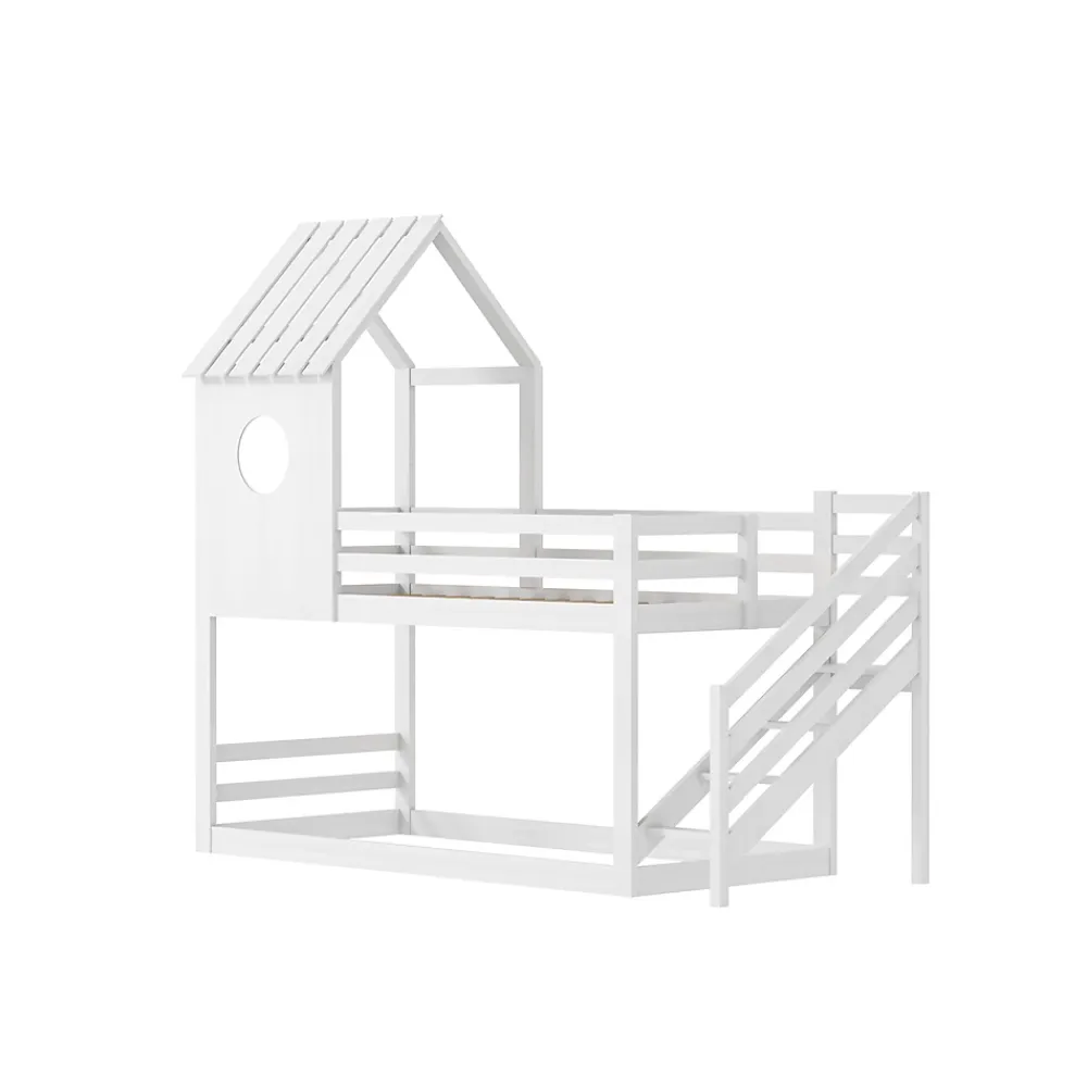 Simple Life Lit superposé, 90 x 200 cm, pour 2 enfants, avec escalier d'angle, lit mezzanine, avec fenêtre*Enfant Lit Enfant
