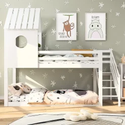 Simple Life Lit superposé, 90 x 200 cm, pour 2 enfants, avec escalier d'angle, lit mezzanine, avec fenêtre*Enfant Lit Enfant