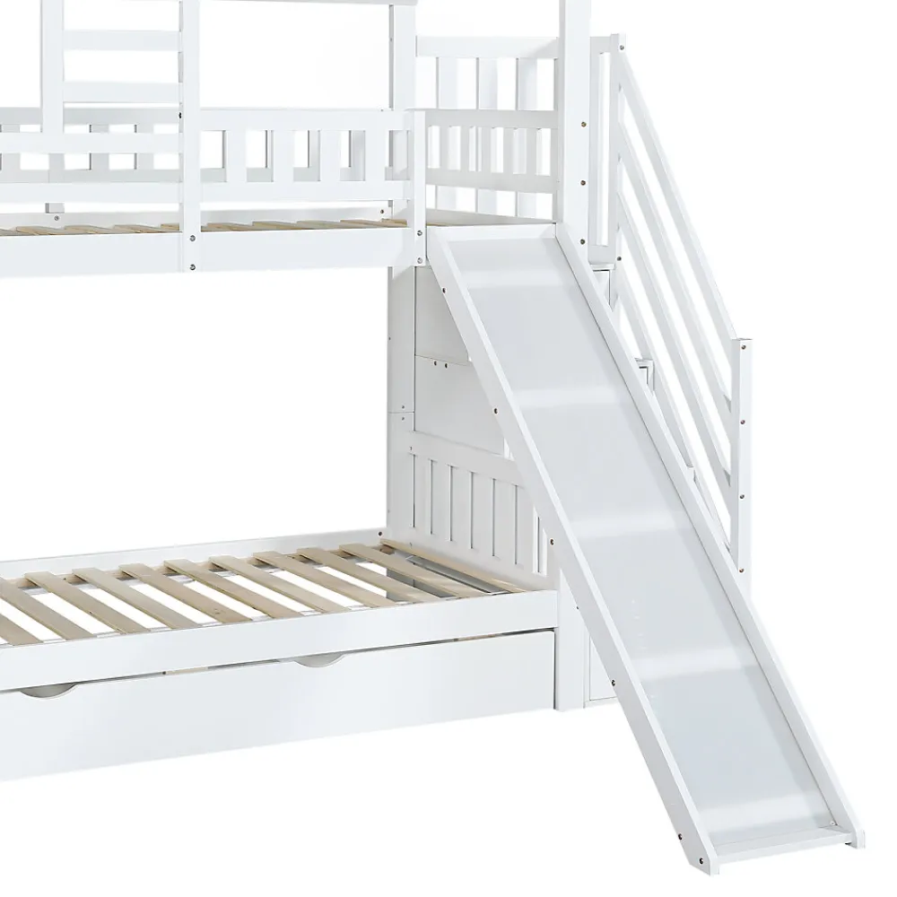 Lit superposé avec échelle, toboggan, fenêtres, sécurité, cadre bois, blanc, 90x200cm>Fortuna lai Hot