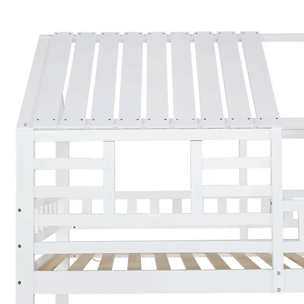 Lit superposé avec échelle, toboggan, fenêtres, sécurité, cadre bois, blanc, 90x200cm>Fortuna lai Hot