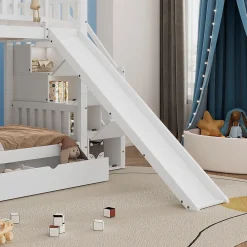 Lit superposé avec échelle, toboggan, fenêtres, sécurité, cadre bois, blanc, 90x200cm><noscript><img width=