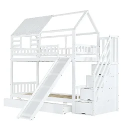 Lit superposé avec échelle, toboggan, fenêtres, sécurité, cadre bois, blanc, 90x200cm><noscript><img width=