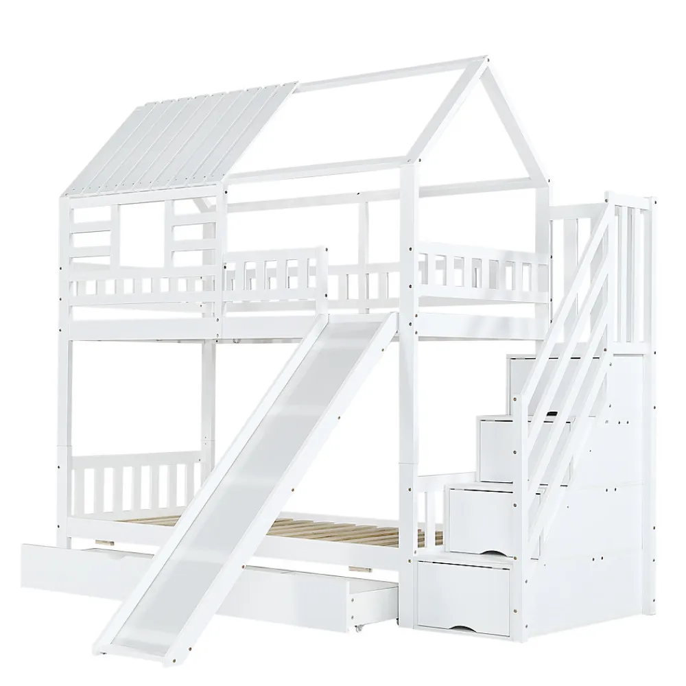 Lit superposé avec échelle, toboggan, fenêtres, sécurité, cadre bois, blanc, 90x200cm>Fortuna lai Hot