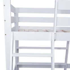 Lit superposé avec étagères et canapé, 1 tiroir, échelle inclinée 5 marches, cadre massif bois blanc, 90x200 cm>Simple Life Hot