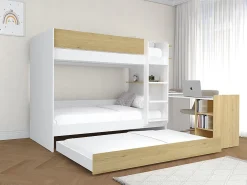 Lit superposé avec tiroir lit gigogne et 2 bureaux 3 x 90 x 190 cm - Coloris : Blanc et naturel - DOMATI>Vente-unique Best