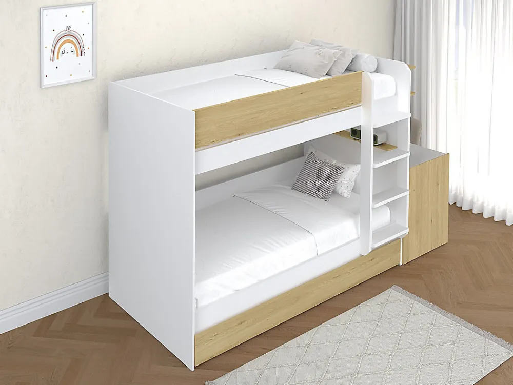 Lit superposé avec tiroir lit gigogne et 2 bureaux 3 x 90 x 190 cm - Coloris : Blanc et naturel - DOMATI>Vente-unique Best