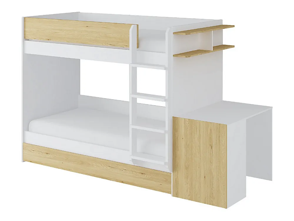 Lit superposé avec tiroir lit gigogne et 2 bureaux 3 x 90 x 190 cm - Coloris : Blanc et naturel - DOMATI>Vente-unique Best