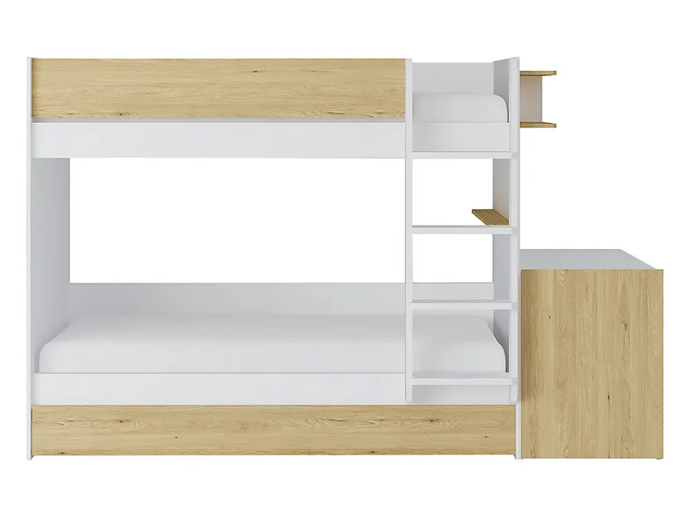 Lit superposé avec tiroir lit gigogne et 2 bureaux 3 x 90 x 190 cm - Coloris : Blanc et naturel - DOMATI>Vente-unique Best